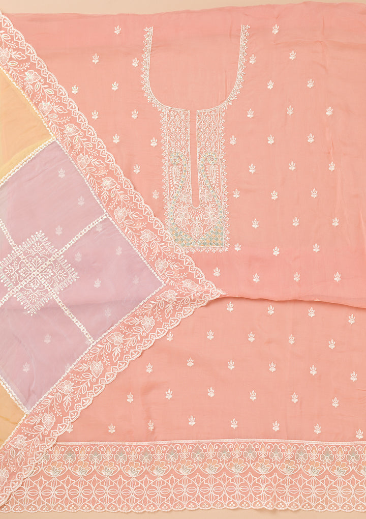 Peach Threadwork Organza Unstitched Salwar Suit