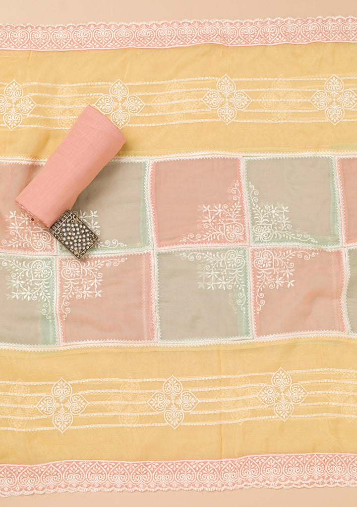 Peach Threadwork Organza Unstitched Salwar Suit