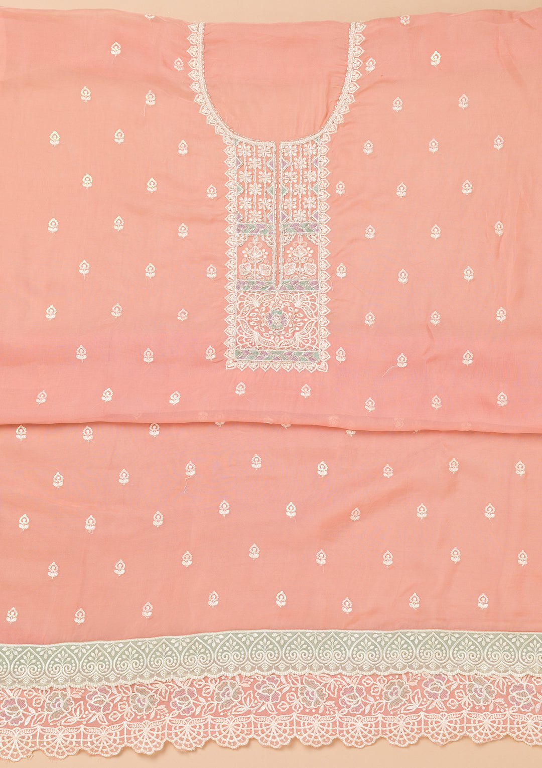 Peach Threadwork Organza Unstitched Salwar Suit
