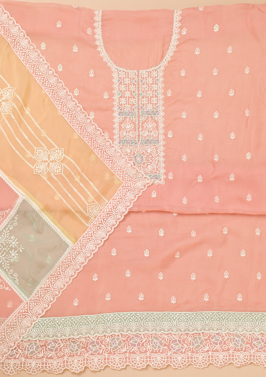 Peach Threadwork Organza Unstitched Salwar Suit