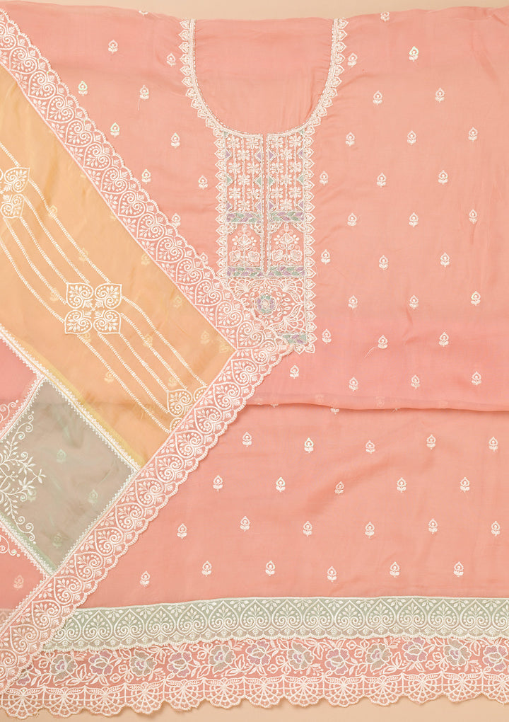 Peach Threadwork Organza Unstitched Salwar Suit