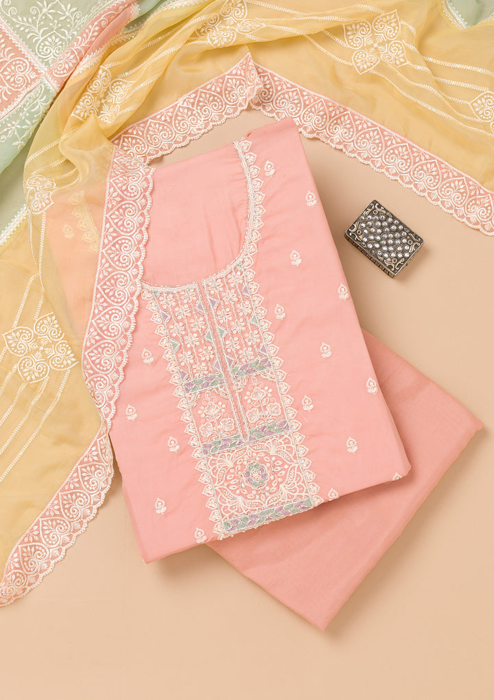 Peach Threadwork Organza Unstitched Salwar Suit
