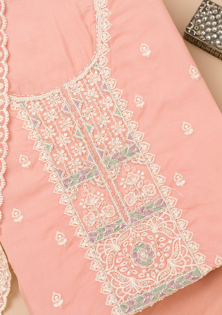 Peach Threadwork Organza Unstitched Salwar Suit