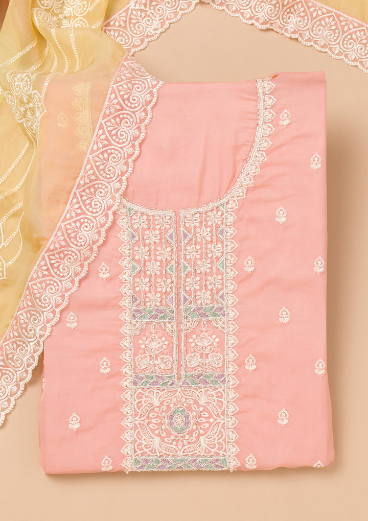 Peach Threadwork Organza Unstitched Salwar Suit