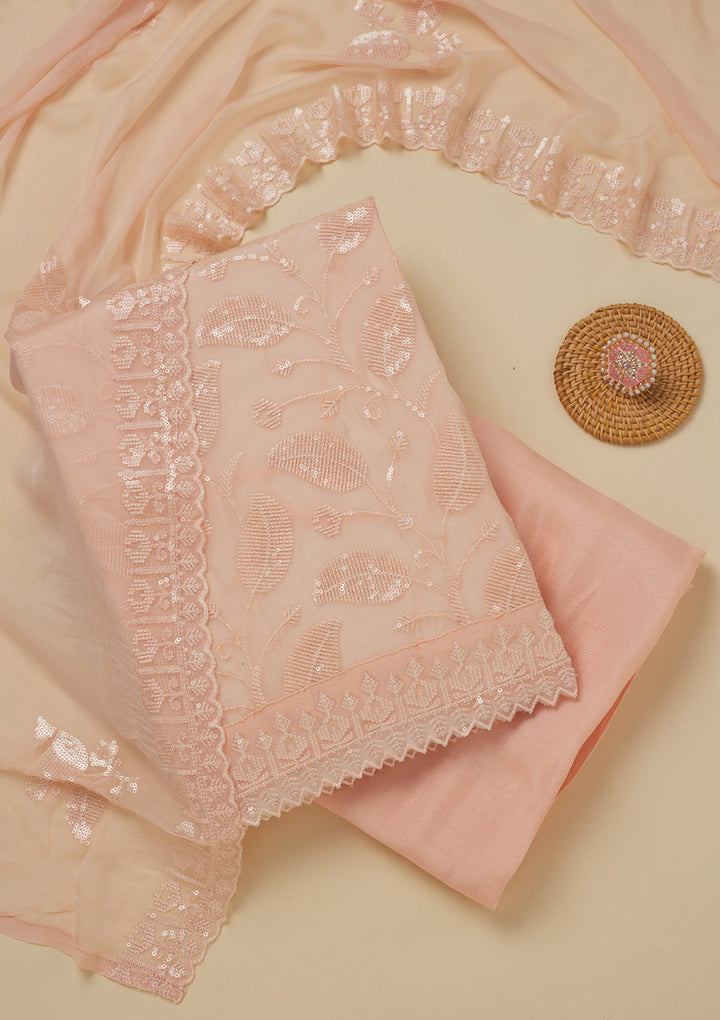 Peach Threadwork Organza Unstitched Salwar Suit