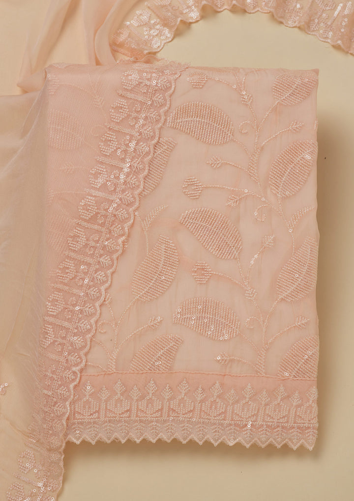 Peach Threadwork Organza Unstitched Salwar Suit