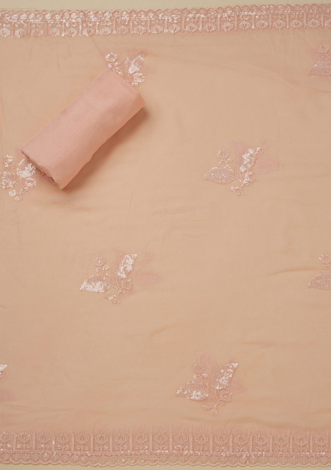 Peach Threadwork Organza Unstitched Salwar Suit