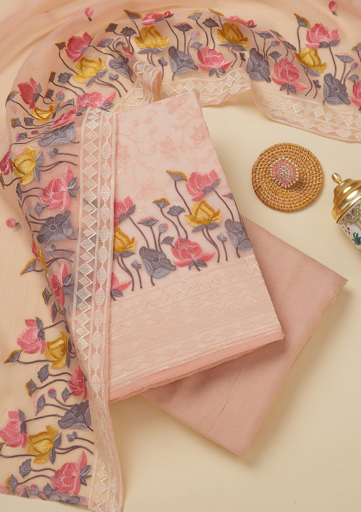Peach Threadwork Organza Unstitched Salwar Suit