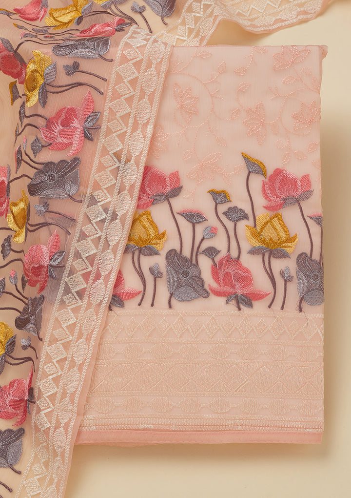 Peach Threadwork Organza Unstitched Salwar Suit
