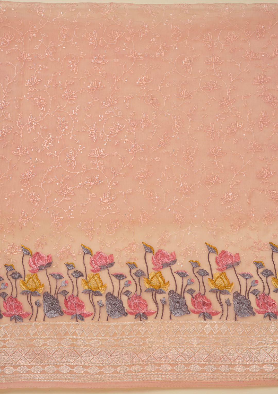 Peach Threadwork Organza Unstitched Salwar Suit