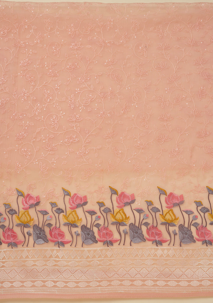 Peach Threadwork Organza Unstitched Salwar Suit