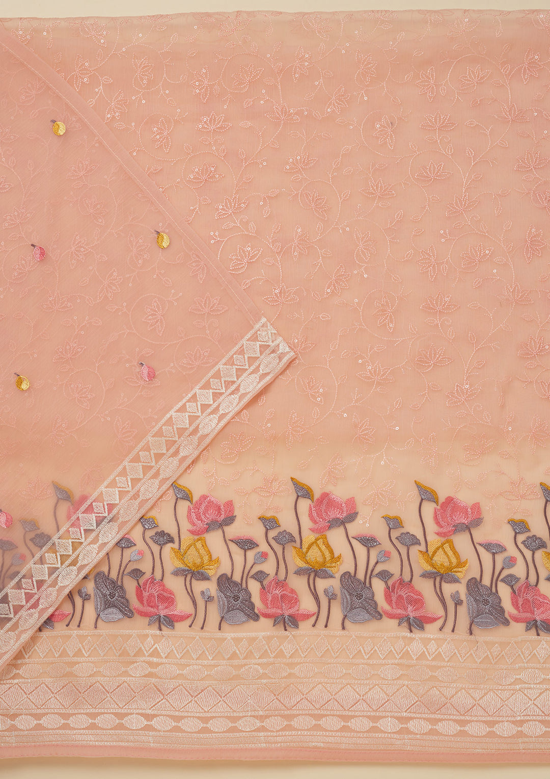 Peach Threadwork Organza Unstitched Salwar Suit
