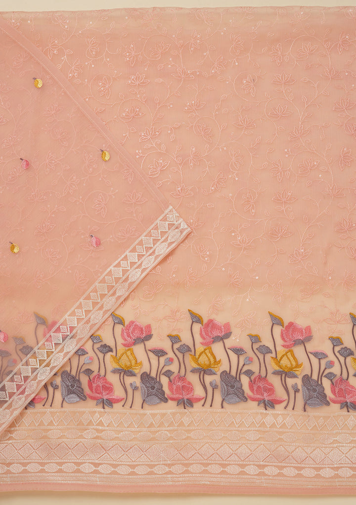 Peach Threadwork Organza Unstitched Salwar Suit