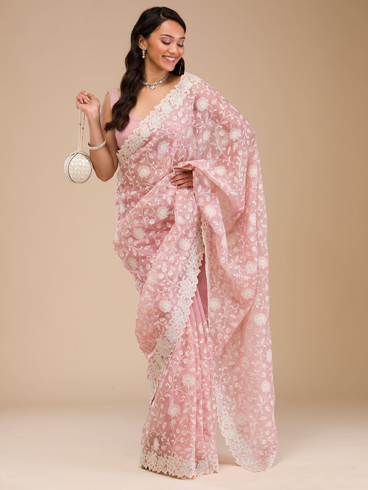 Peach Threadwork Organza Designer Saree