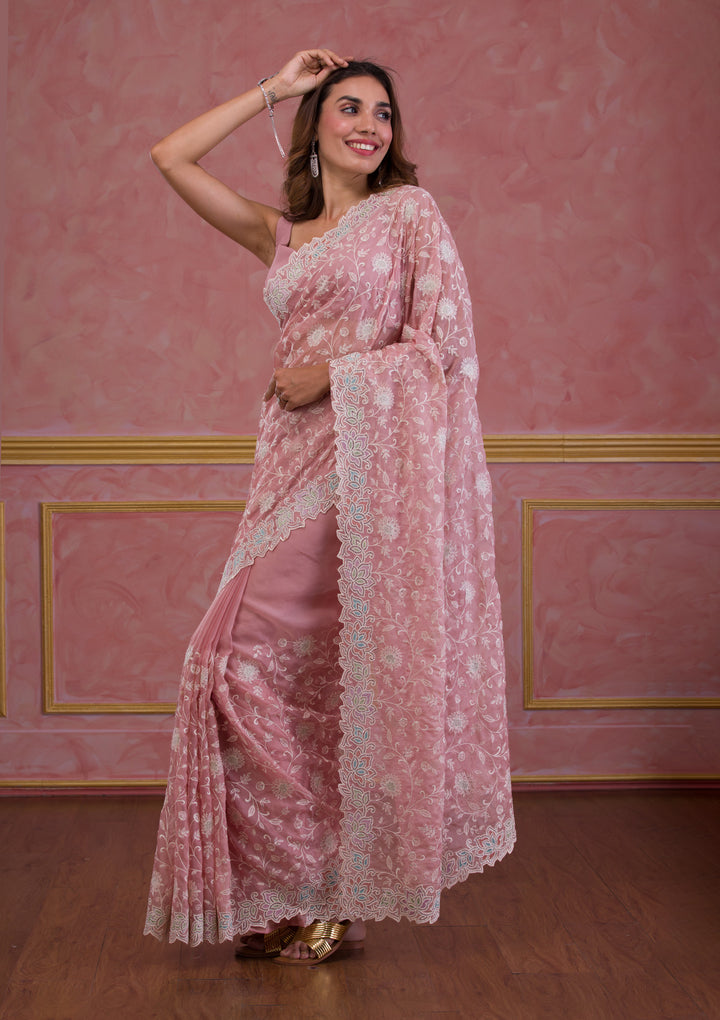 Peach Threadwork Organza Designer Saree