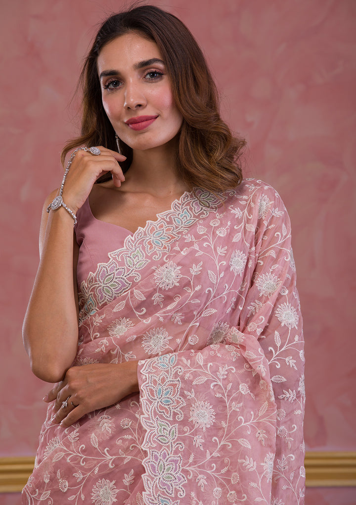 Peach Threadwork Organza Designer Saree