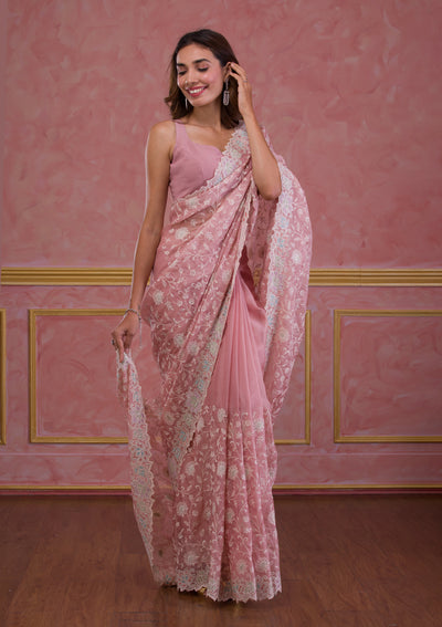 Peach Threadwork Organza Designer Saree-Koskii