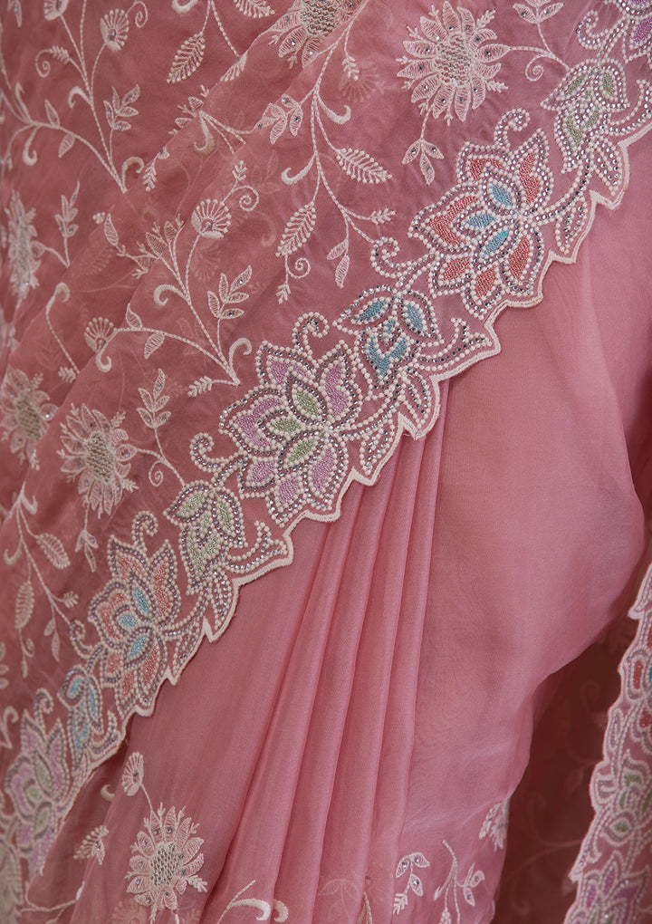 Peach Threadwork Organza Designer Saree