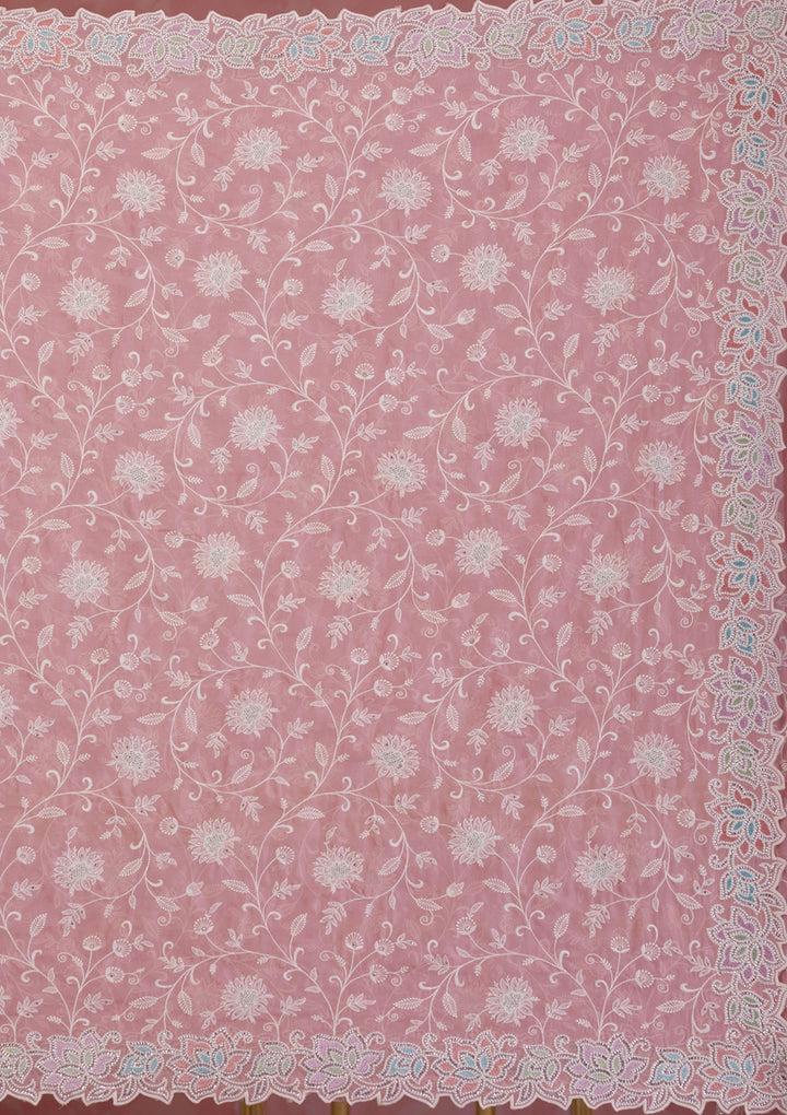 Peach Threadwork Organza Designer Saree