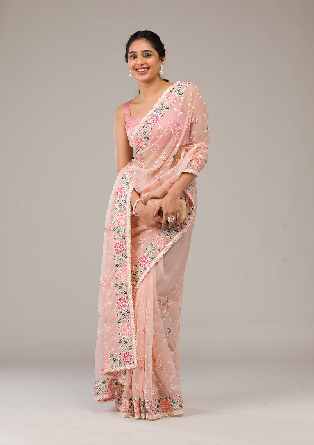 Peach Threadwork Organza Saree
