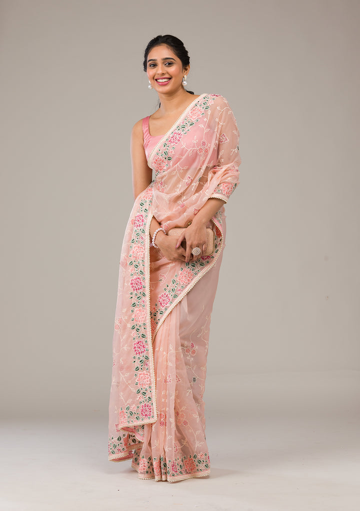 Peach Threadwork Organza Saree