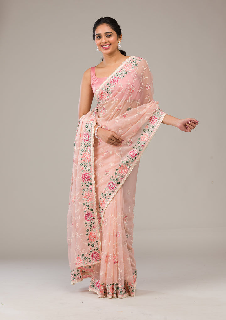 Peach Threadwork Organza Saree