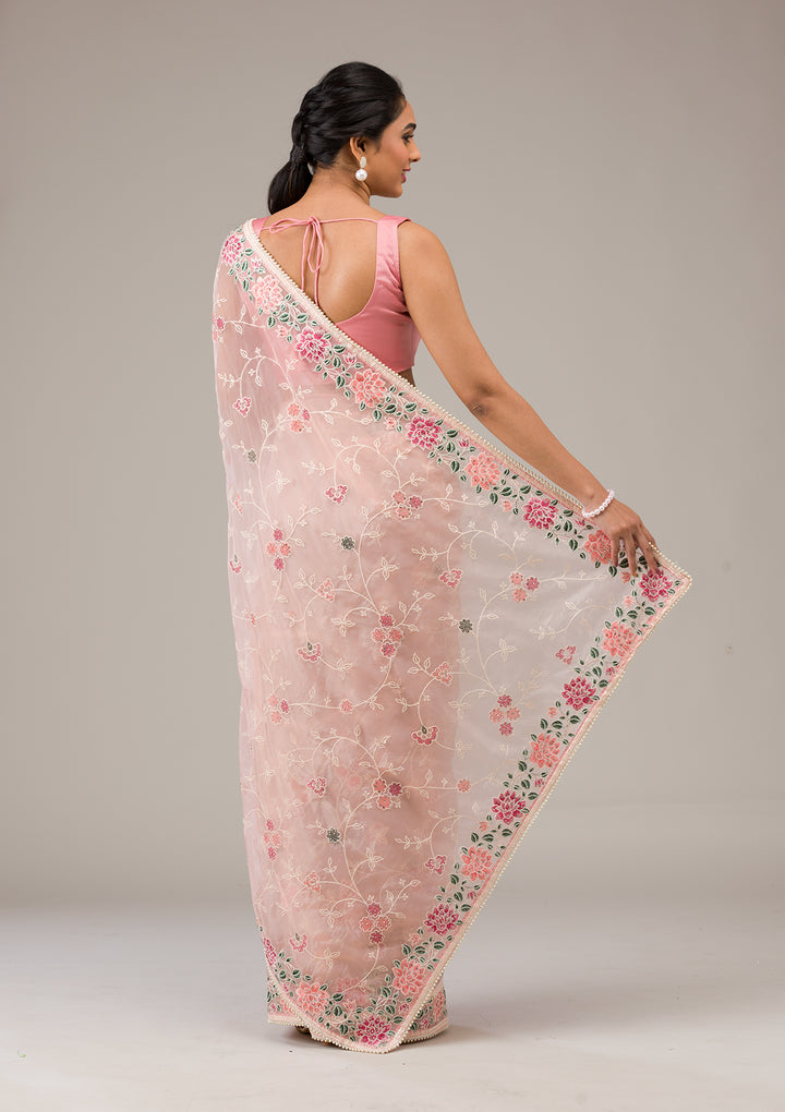 Peach Threadwork Organza Saree