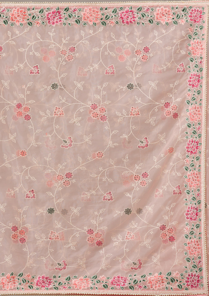 Peach Threadwork Organza Saree