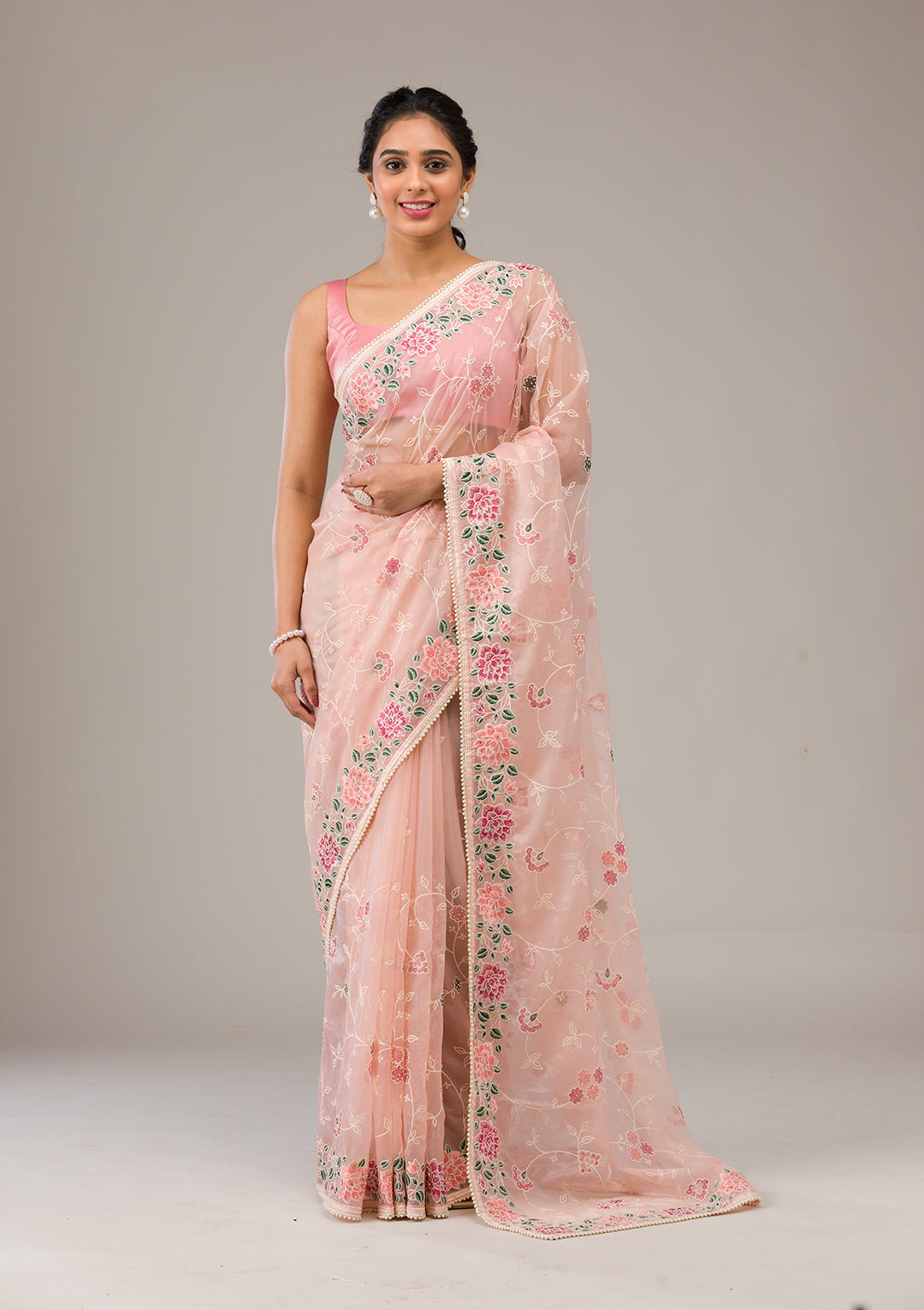 Peach Threadwork Organza Saree