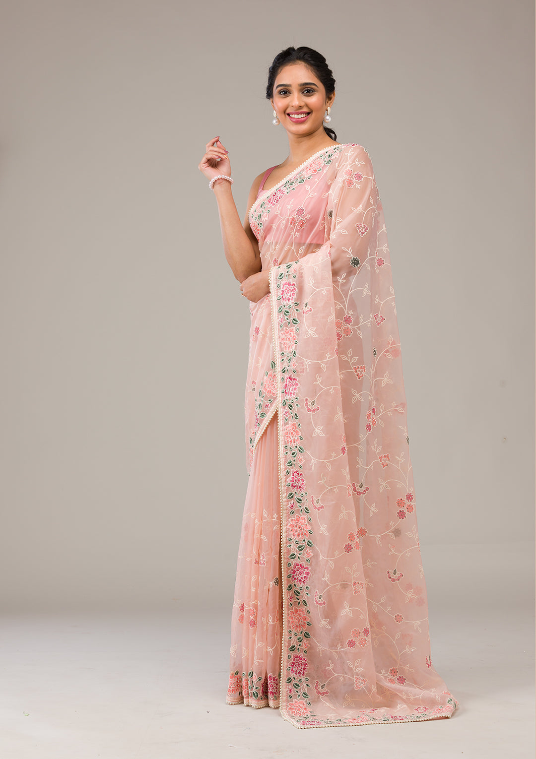 Peach Threadwork Organza Saree