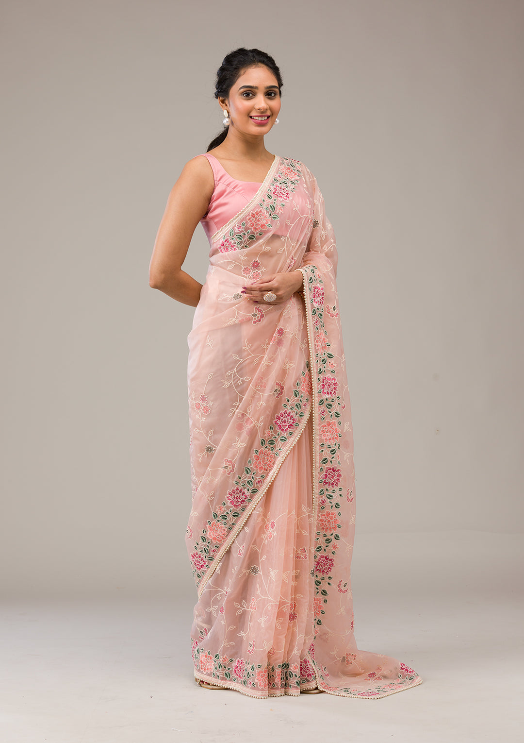 Peach Threadwork Organza Saree