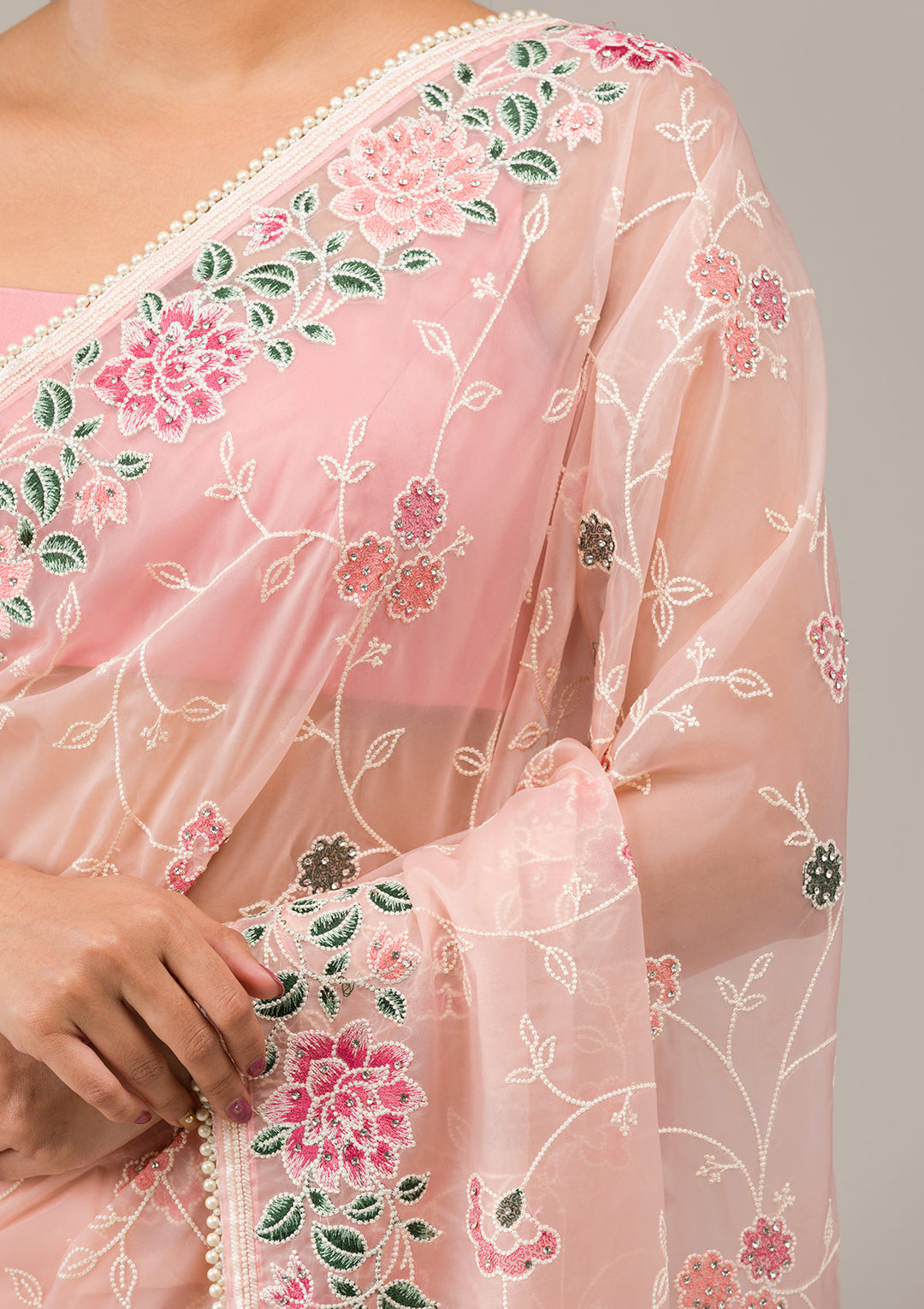 Peach Threadwork Organza Saree