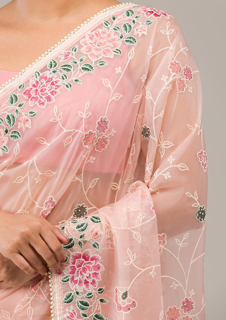 Peach Threadwork Organza Saree