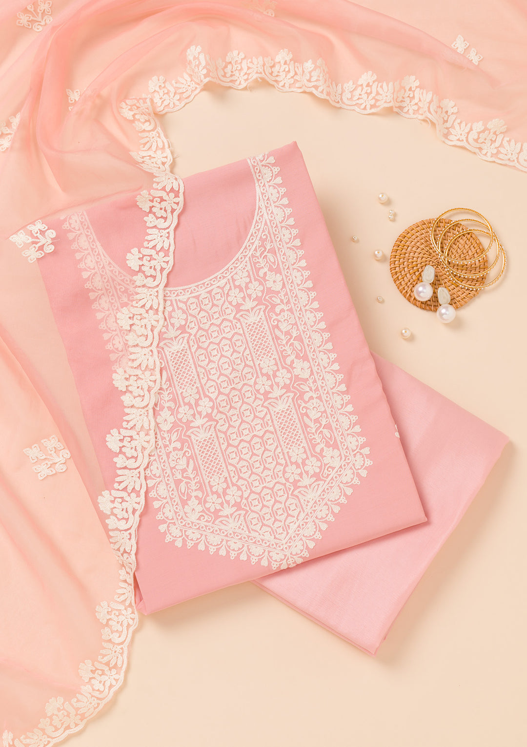 Peach Threadwork Semi Crepe Unstitched Salwar Suit