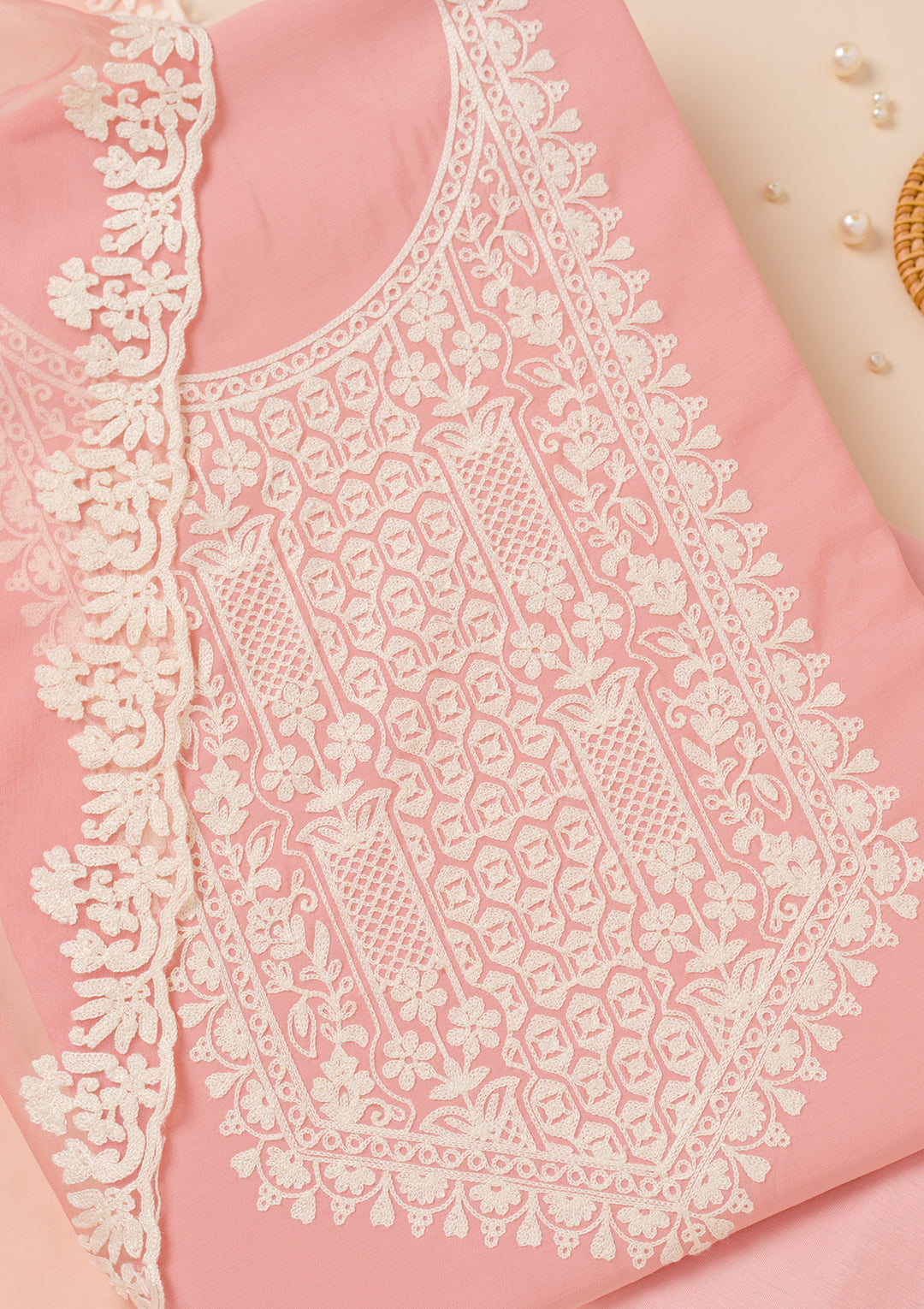 Peach Threadwork Semi Crepe Unstitched Salwar Suit