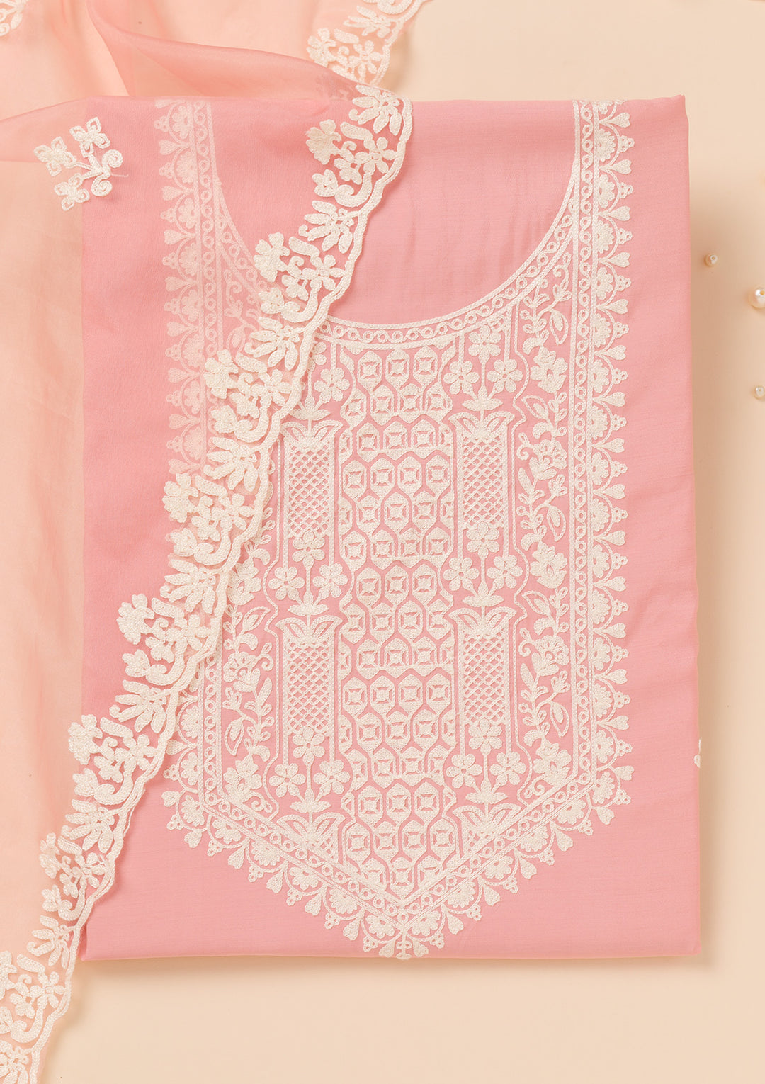 Peach Threadwork Semi Crepe Unstitched Salwar Suit