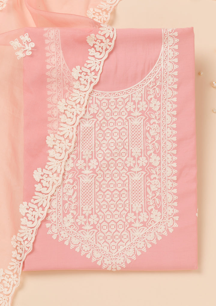 Peach Threadwork Semi Crepe Unstitched Salwar Suit