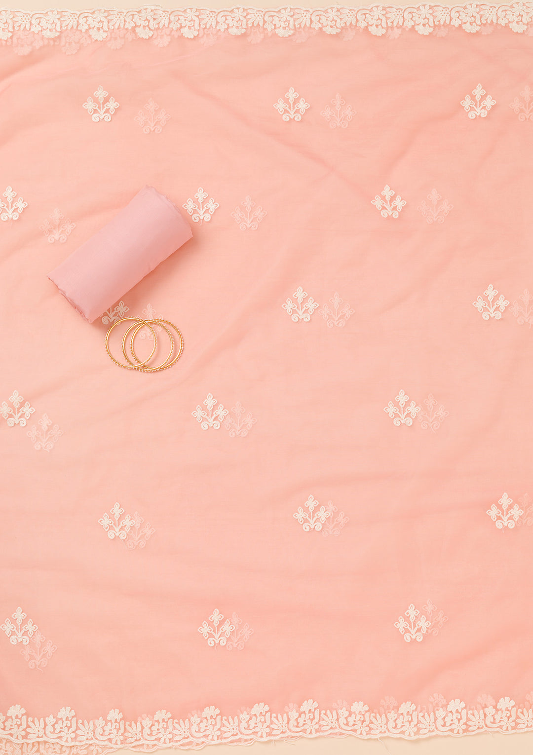 Peach Threadwork Semi Crepe Unstitched Salwar Suit