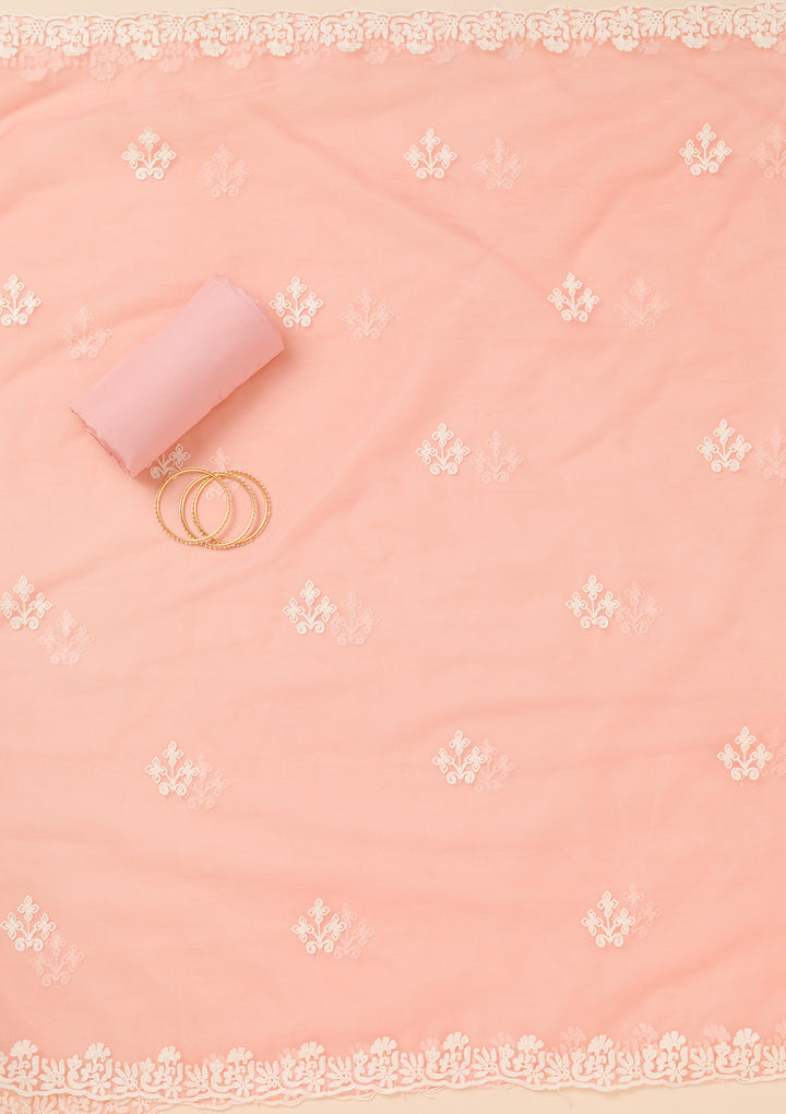 Peach Threadwork Semi Crepe Unstitched Salwar Suit