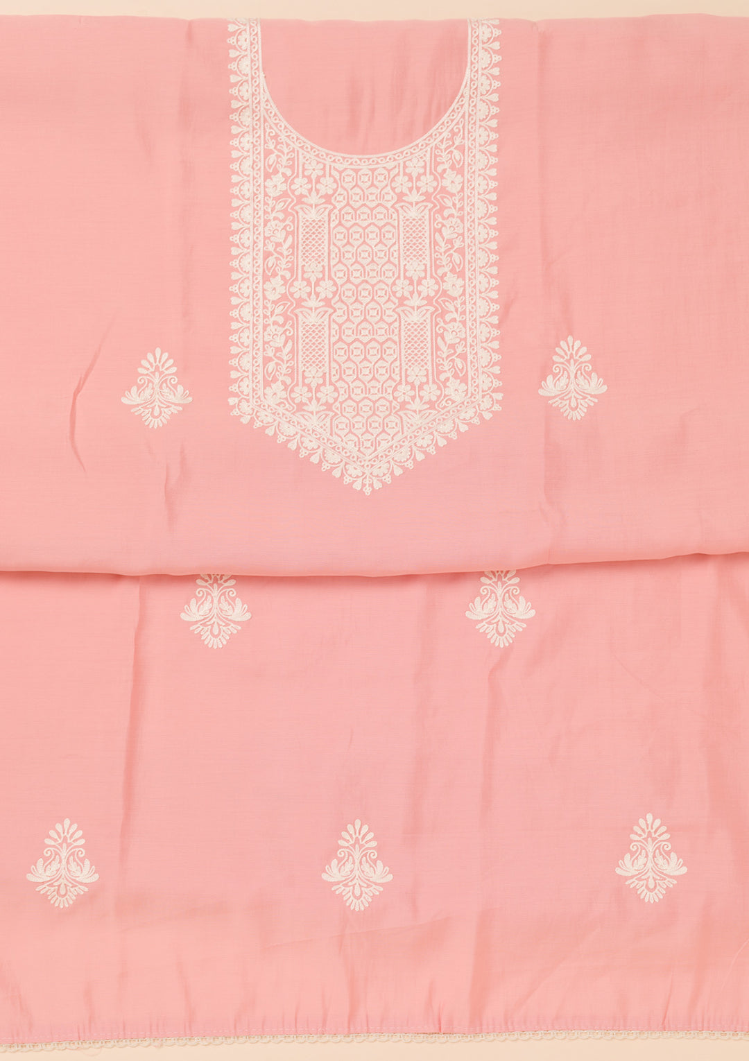 Peach Threadwork Semi Crepe Unstitched Salwar Suit