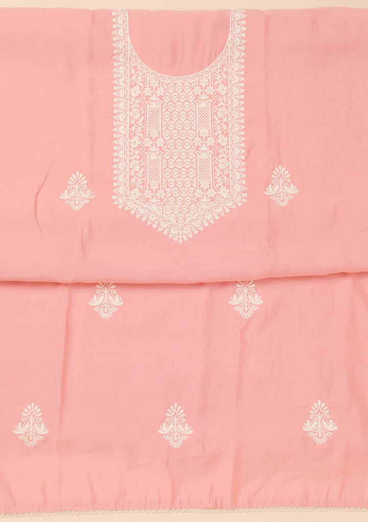Peach Threadwork Semi Crepe Unstitched Salwar Suit