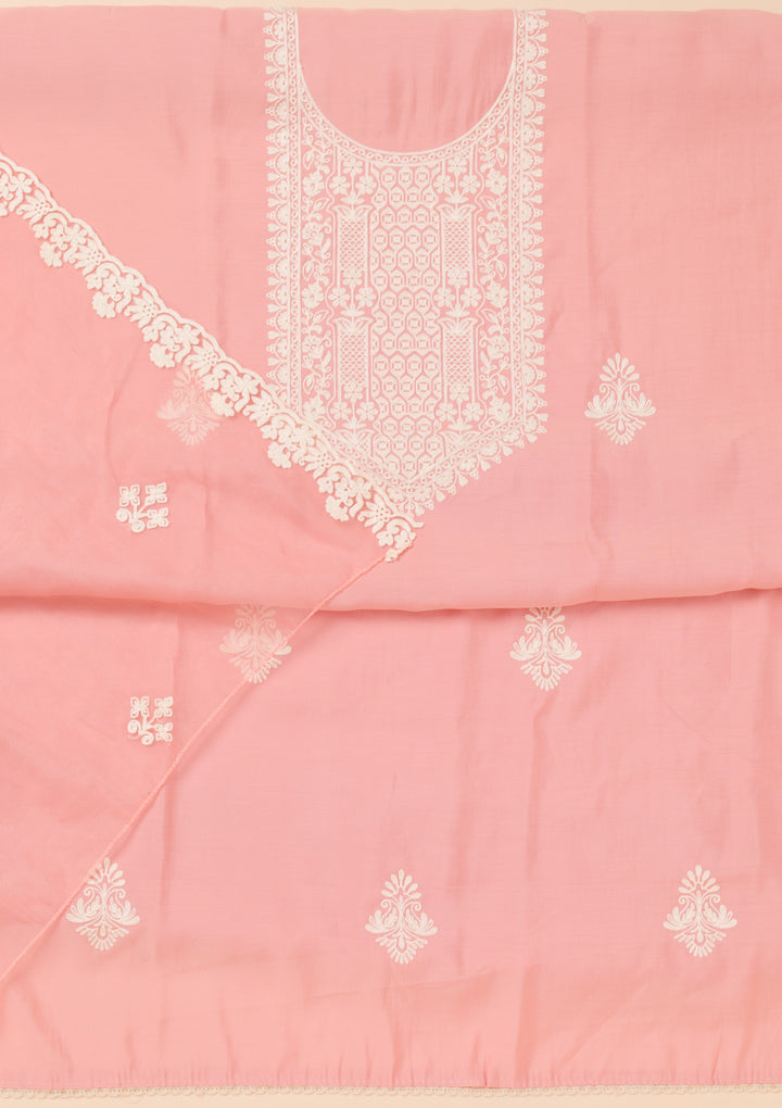 Peach Threadwork Semi Crepe Unstitched Salwar Suit