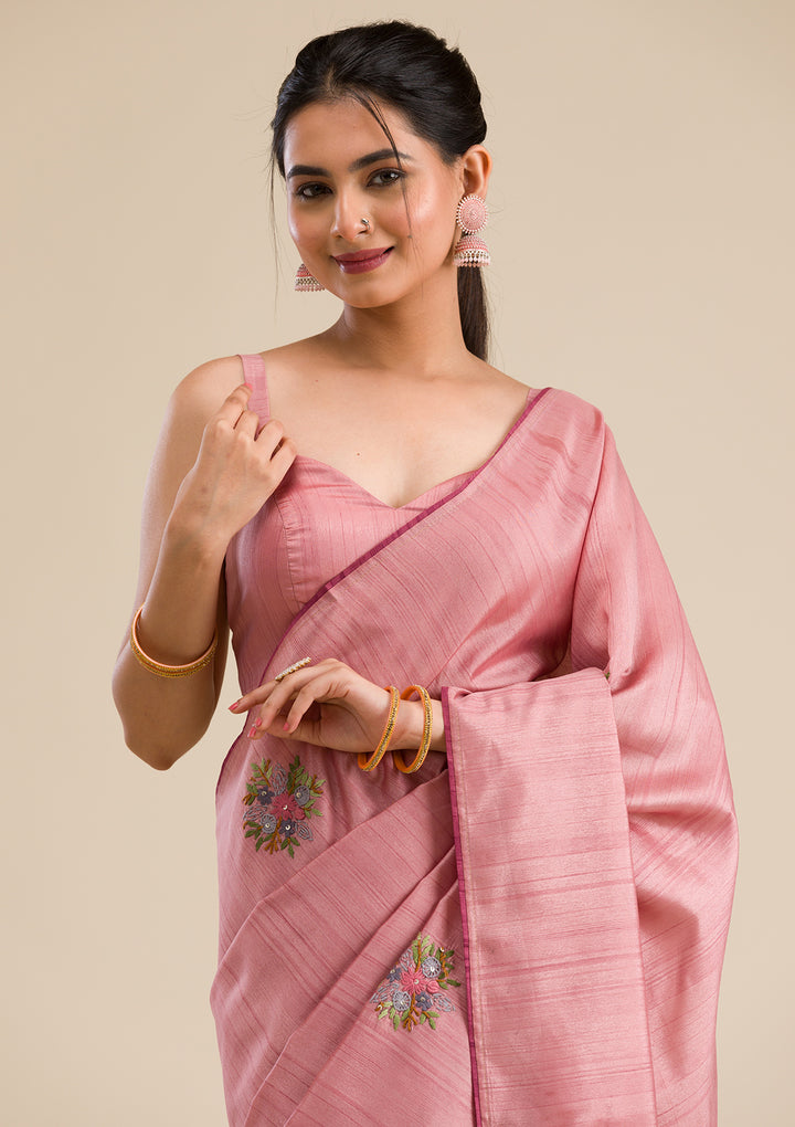 Peach Threadwork Silk Saree
