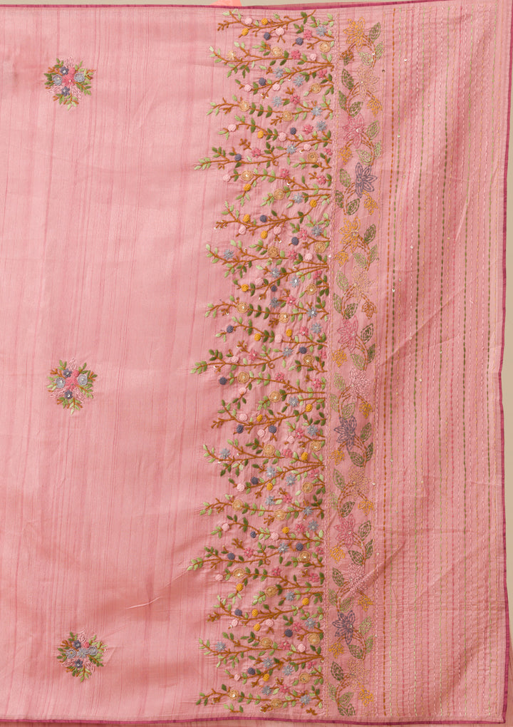 Peach Threadwork Silk Saree