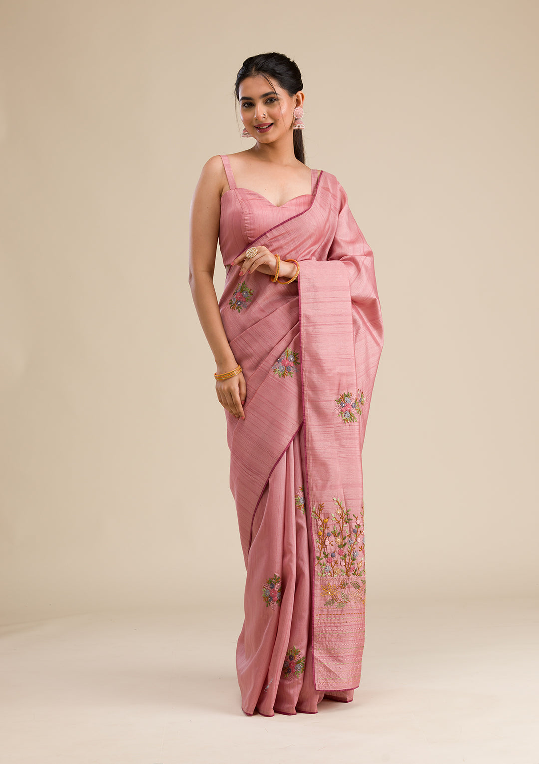 Peach Threadwork Silk Saree