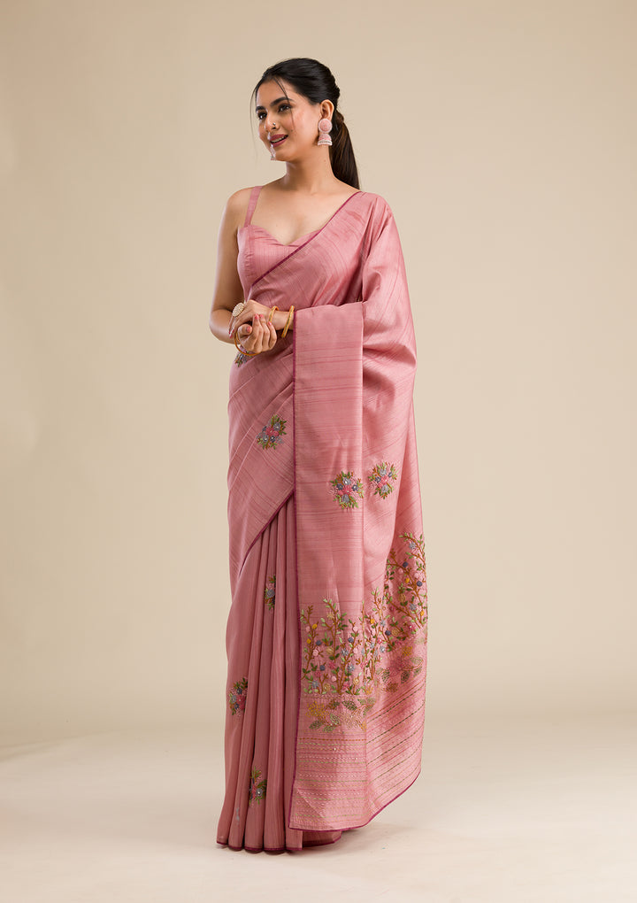 Peach Threadwork Silk Saree