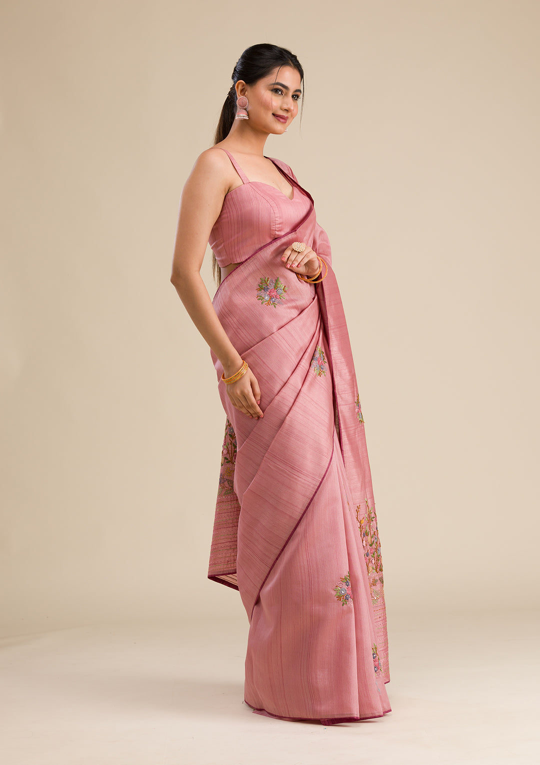 Peach Threadwork Silk Saree