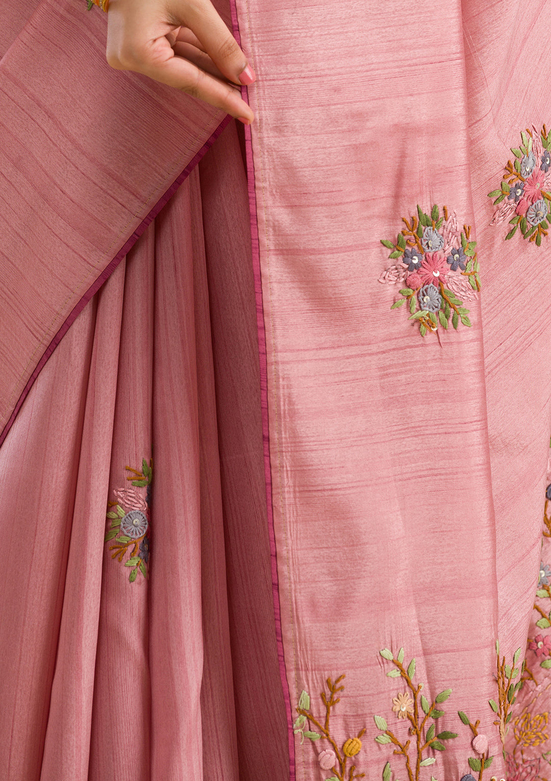 Peach Threadwork Silk Saree
