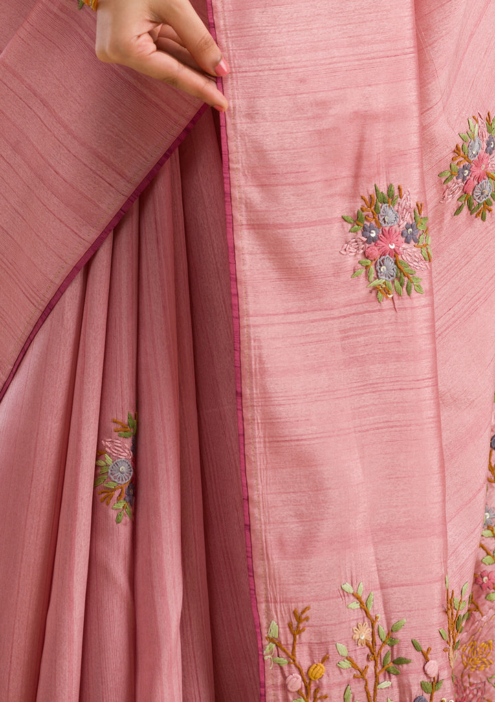 Peach Threadwork Silk Saree