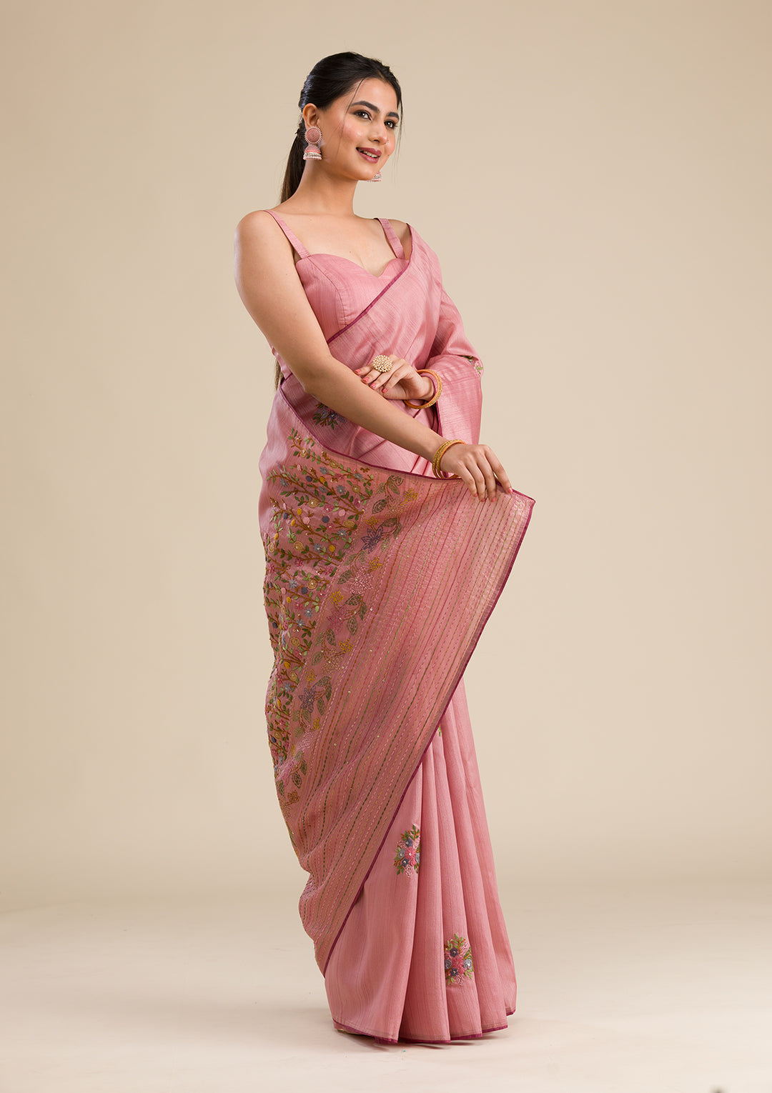 Peach Threadwork Silk Saree